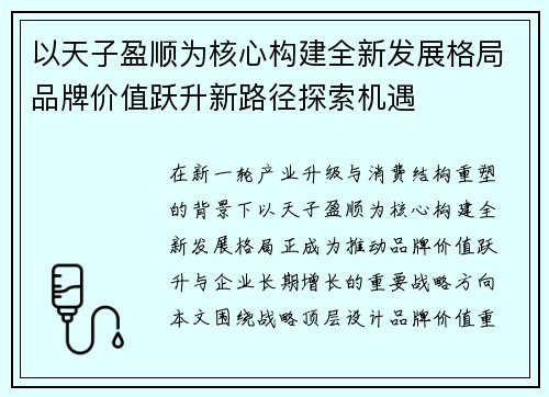 以天子盈顺为核心构建全新发展格局品牌价值跃升新路径探索机遇